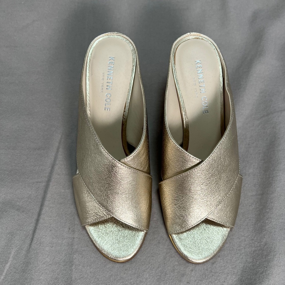 Kenneth Cole Lyra Gold Leather Mules Block Heel Party Chic Metallic Cocktail 7 - Picture 3 of 11